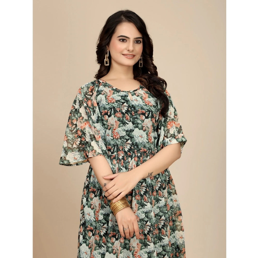 Snuggle Spot Women's Georgette Printed Round Neck Short Sleeve Dress (Black)