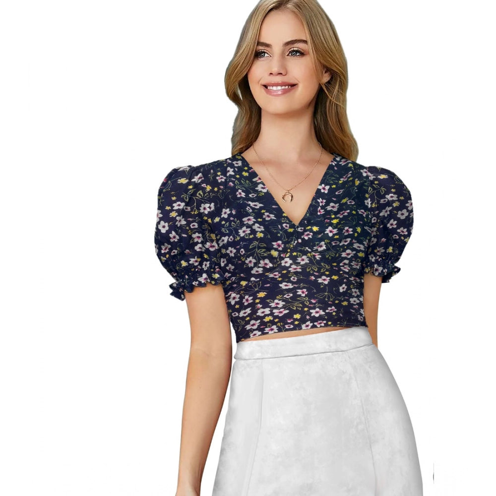 Snuggle Spot Women's Knitting Printed V-Neck Puff Sleeve Tops (Navy Blue)