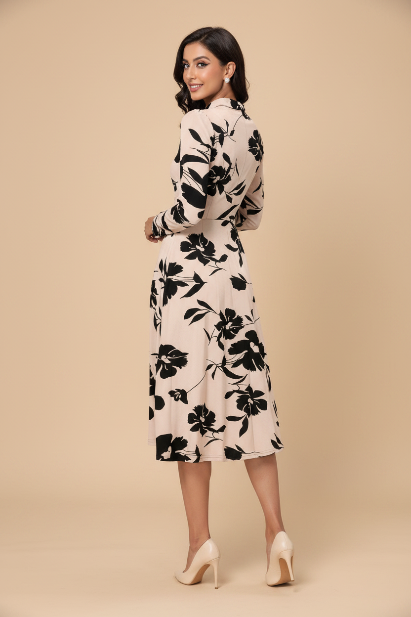 Snuggle Spot Women's Knitting Printed V-Neck Full Sleeve Dress (Cream)