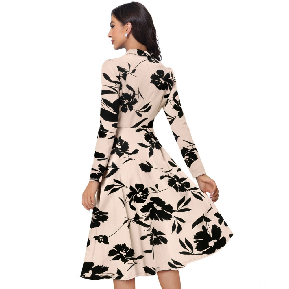 Snuggle Spot Women's Knitting Printed V-Neck Full Sleeve Dress (Cream)