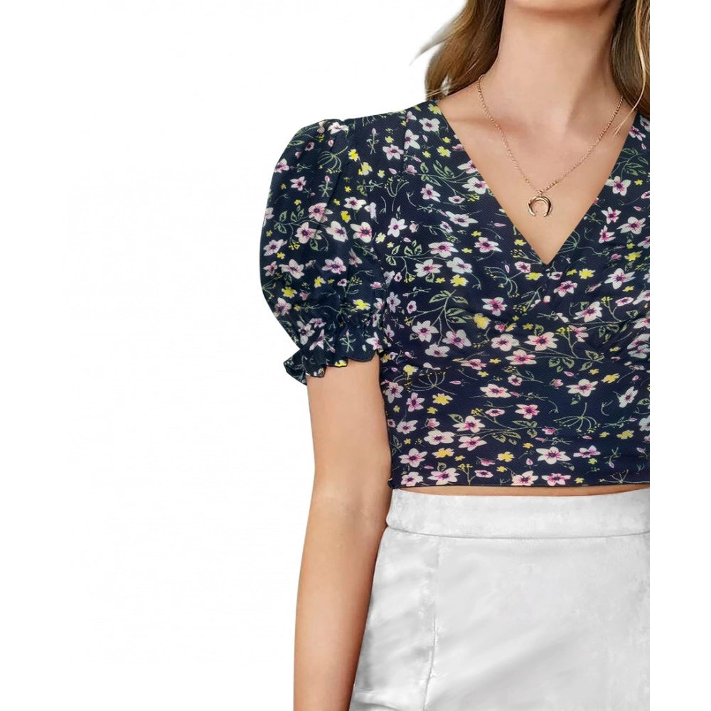 Snuggle Spot Women's Knitting Printed V-Neck Puff Sleeve Tops (Navy Blue)