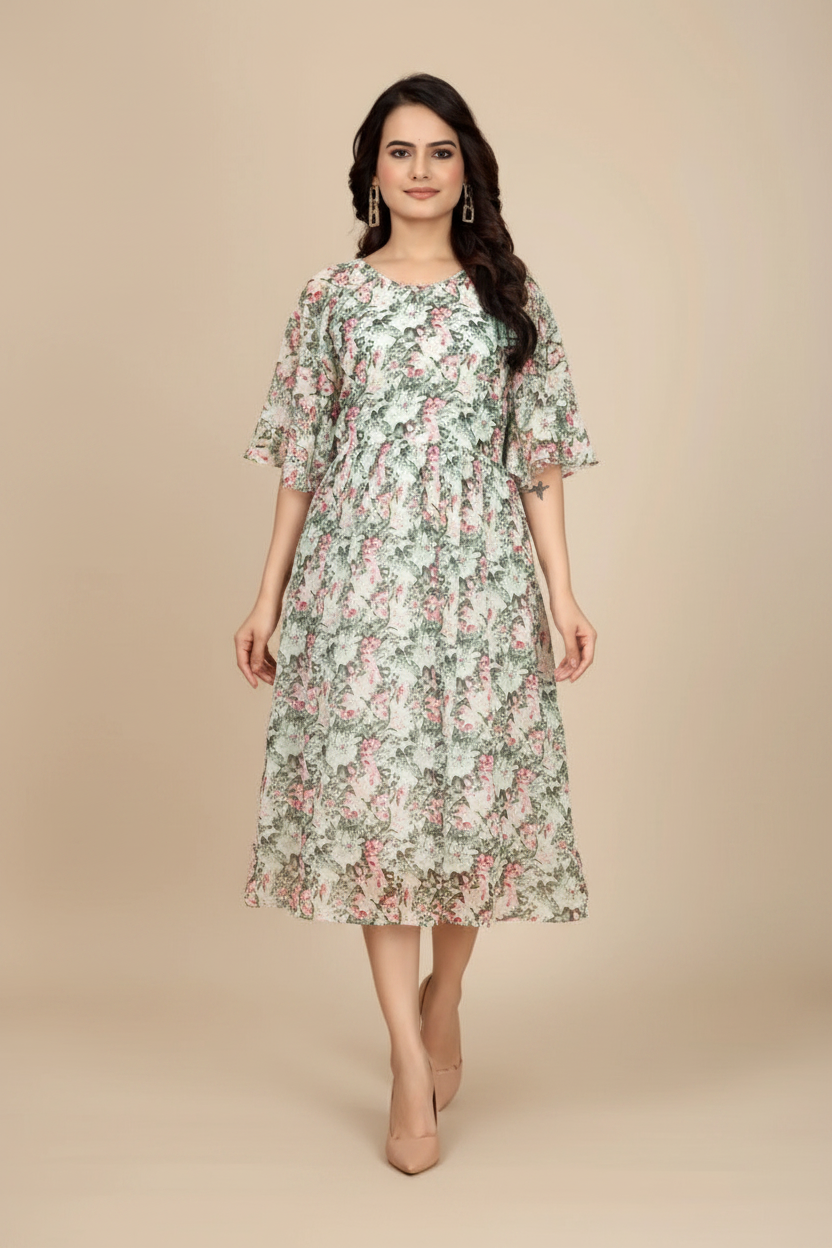 Snuggle Spot Women's Georgette Printed Round Neck Short Sleeve Dress (Pink)