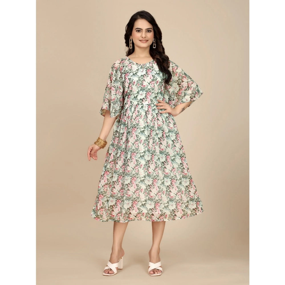 Snuggle Spot Women's Georgette Printed Round Neck Short Sleeve Dress (Pink)