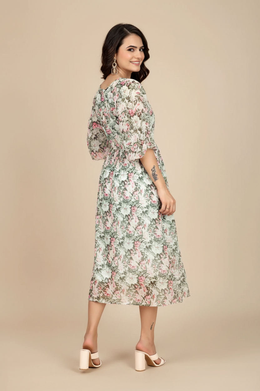 Snuggle Spot Women's Georgette Printed Round Neck Short Sleeve Dress (Pink)