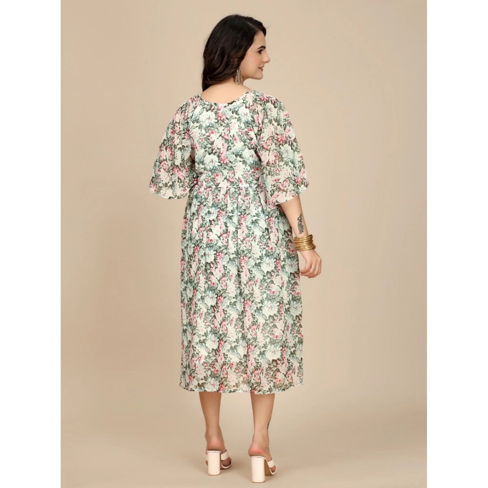 Snuggle Spot Women's Georgette Printed Round Neck Short Sleeve Dress (Pink)