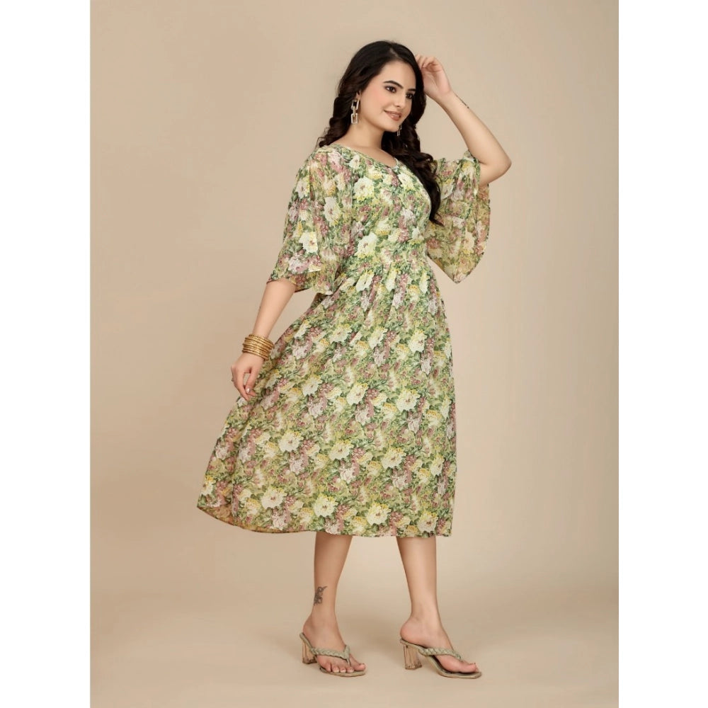 Snuggle Spot Women's Georgette Printed Round Neck Short Sleeve Dress (Green)