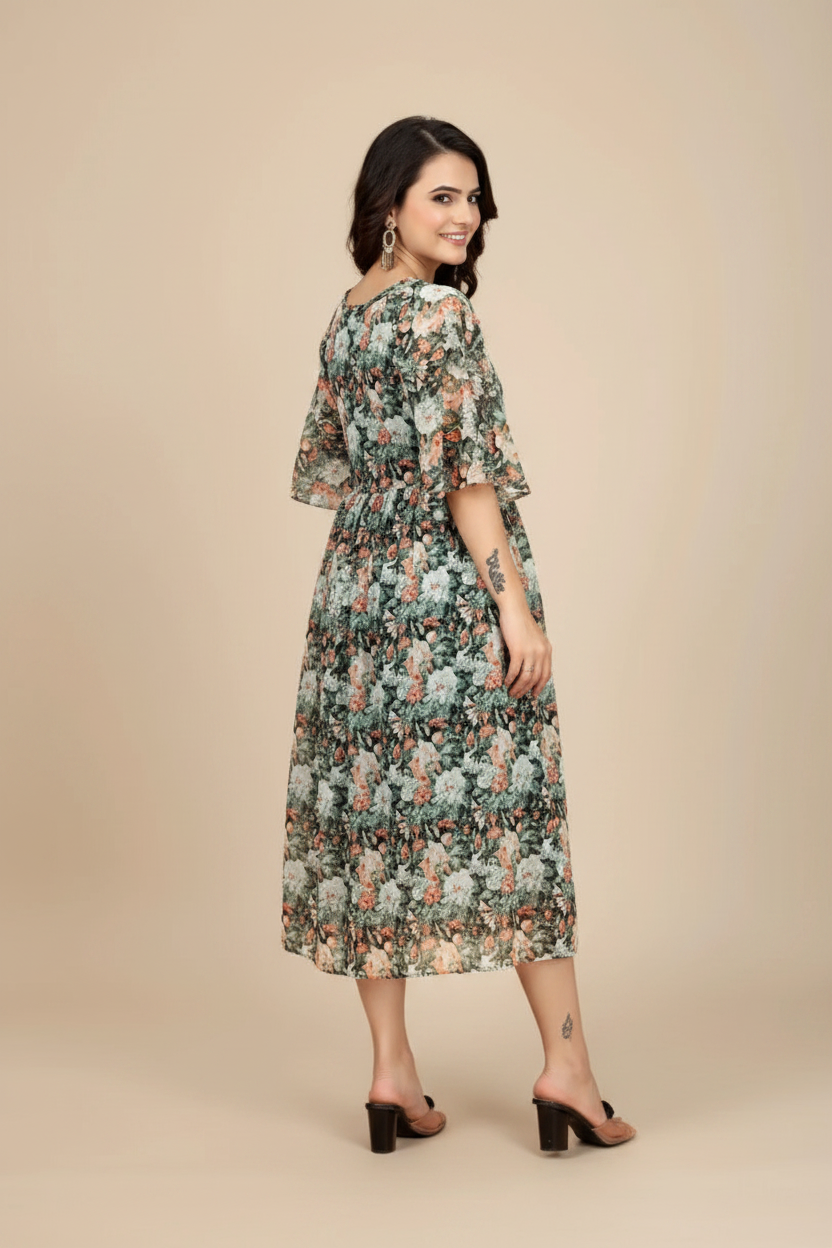 Snuggle Spot Women's Georgette Printed Round Neck Short Sleeve Dress (Black)