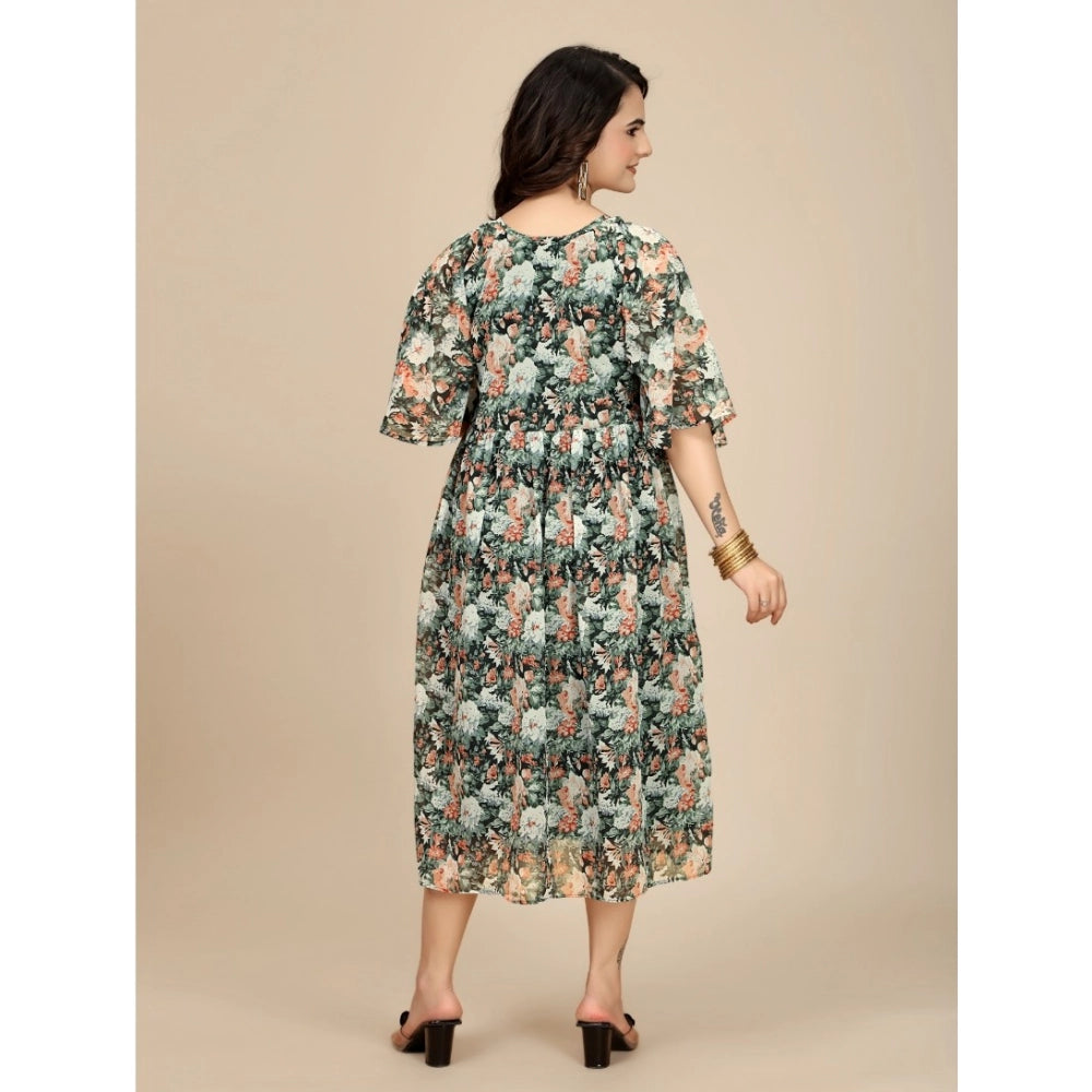 Snuggle Spot Women's Georgette Printed Round Neck Short Sleeve Dress (Black)