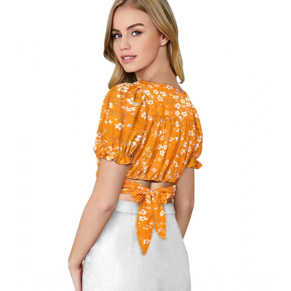 Snuggle Spot Women's Knitting Printed V-Neck Puff Sleeve Tops (Yellow)