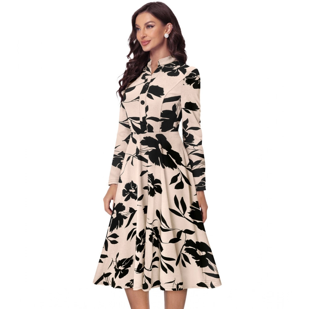 Snuggle Spot Women's Knitting Printed V-Neck Full Sleeve Dress (Cream)