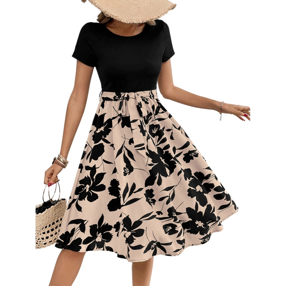 Snuggle Spot Women's Knitting Printed Round Neck Short Sleeve Dress (Cream)