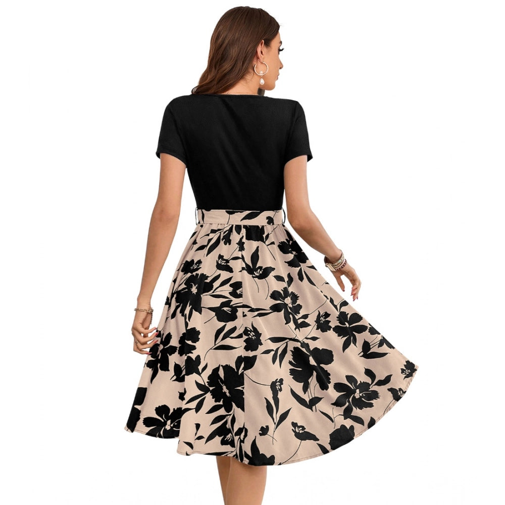 Snuggle Spot Women's Knitting Printed Round Neck Short Sleeve Dress (Cream)
