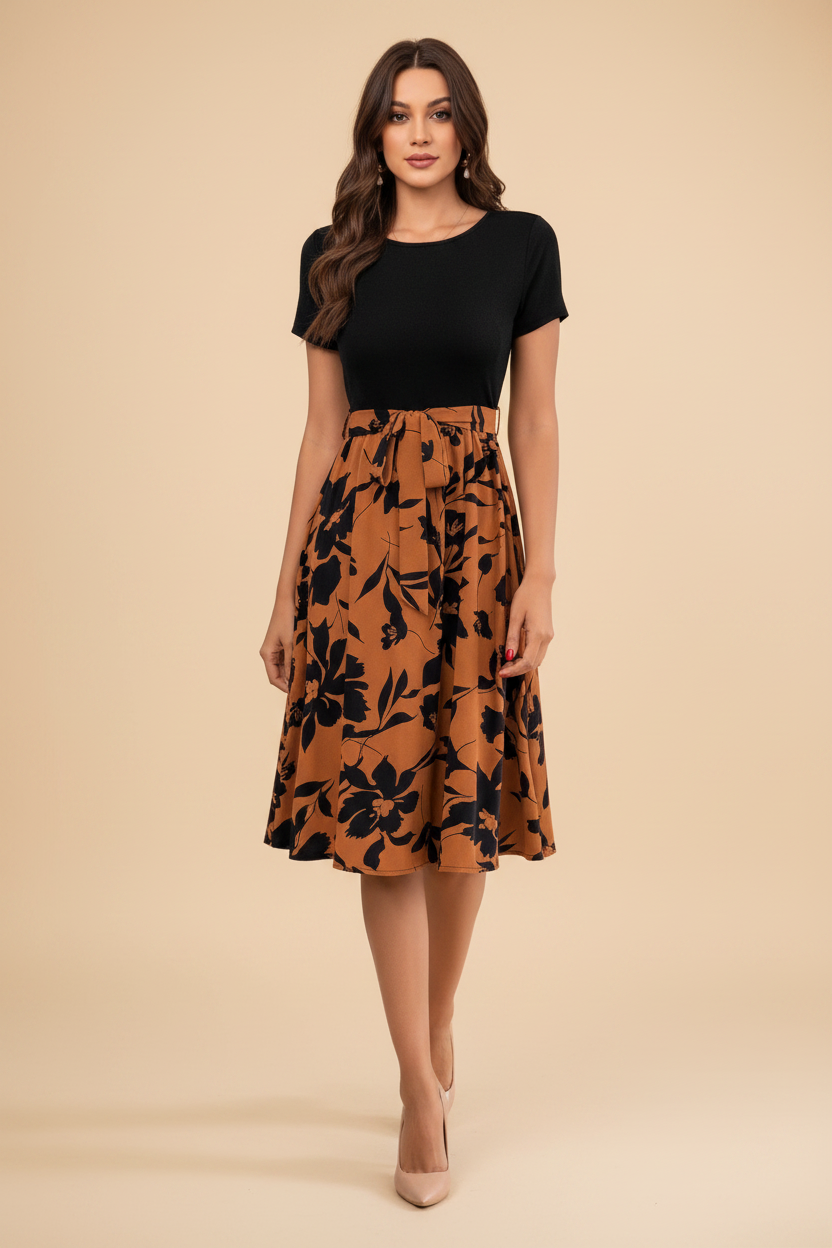 Snuggle Spot Women's Knitting Printed Round Neck Short Sleeve Dress (Orange)