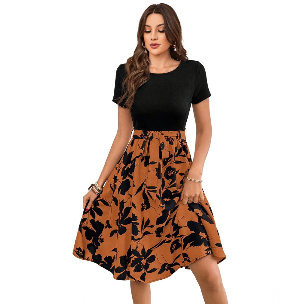 Snuggle Spot Women's Knitting Printed Round Neck Short Sleeve Dress (Orange)
