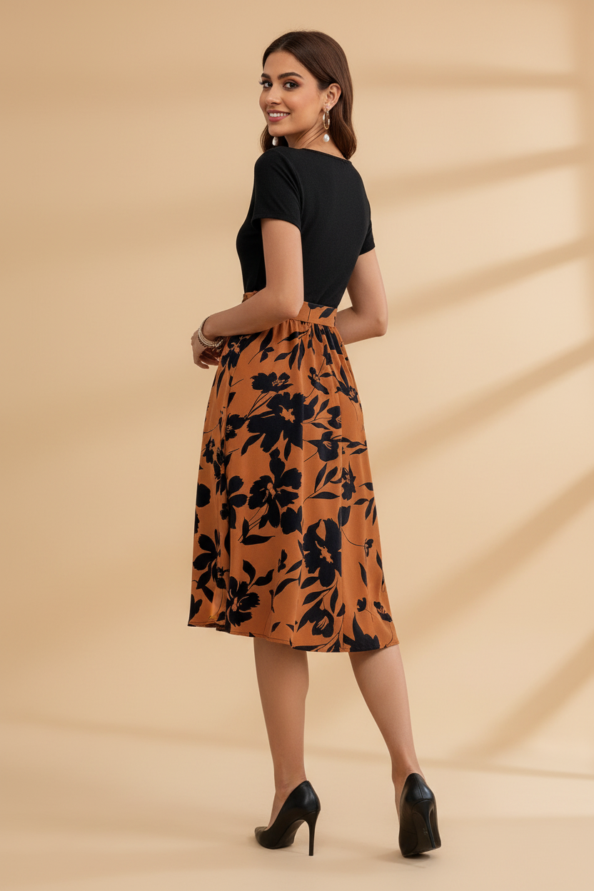 Snuggle Spot Women's Knitting Printed Round Neck Short Sleeve Dress (Orange)