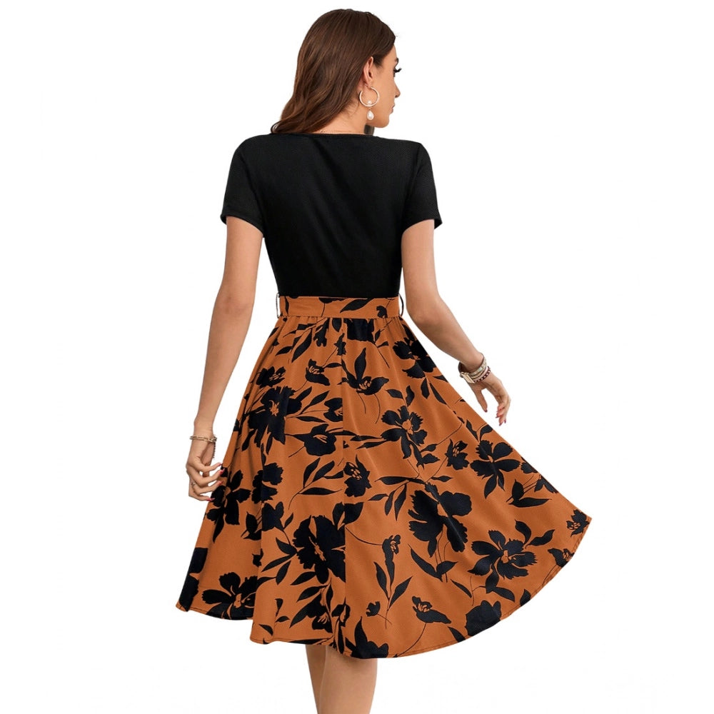 Snuggle Spot Women's Knitting Printed Round Neck Short Sleeve Dress (Orange)