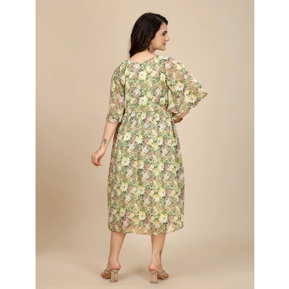 Snuggle Spot Women's Georgette Printed Round Neck Short Sleeve Dress (Green)