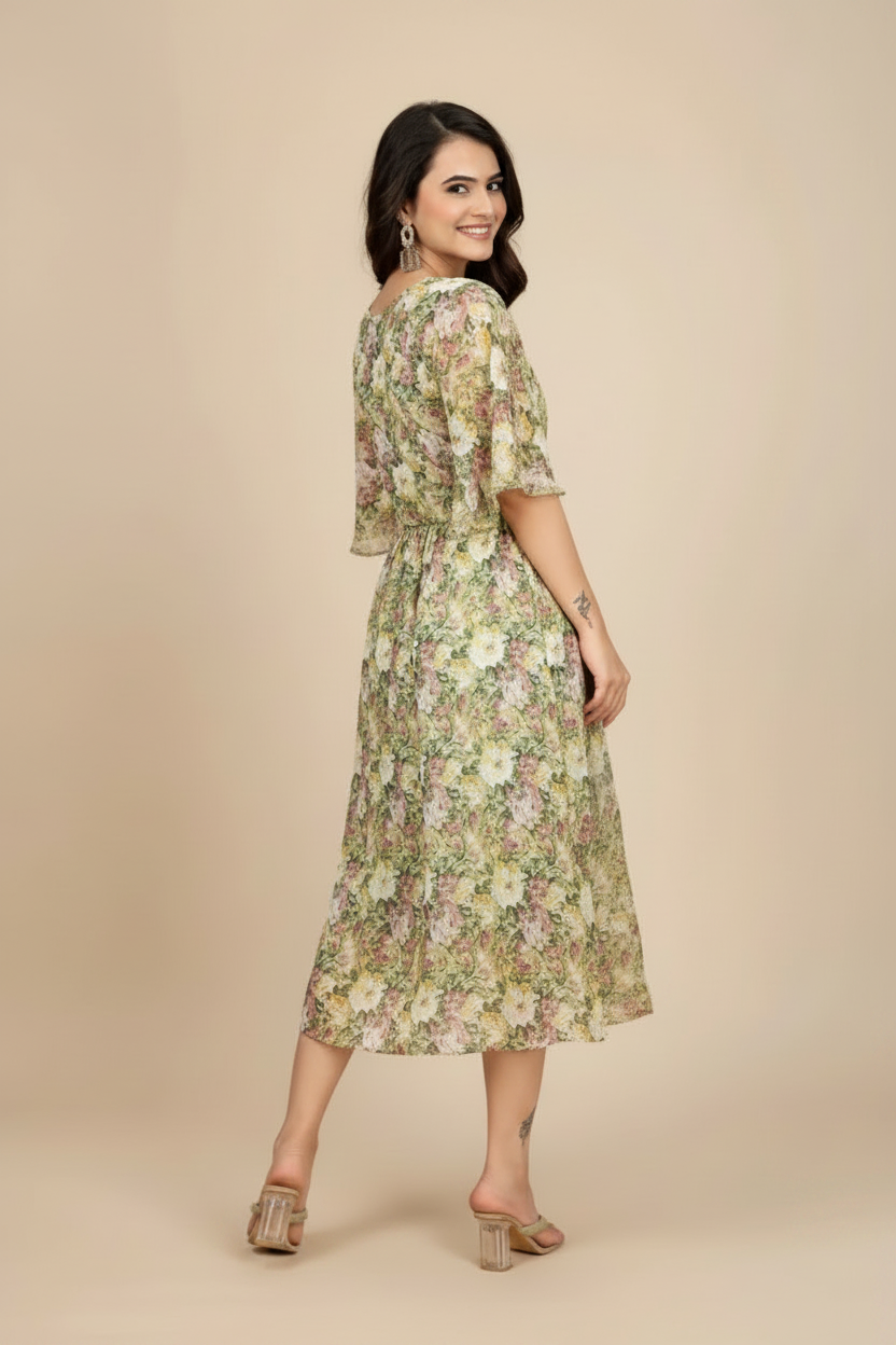 Snuggle Spot Women's Georgette Printed Round Neck Short Sleeve Dress (Green)