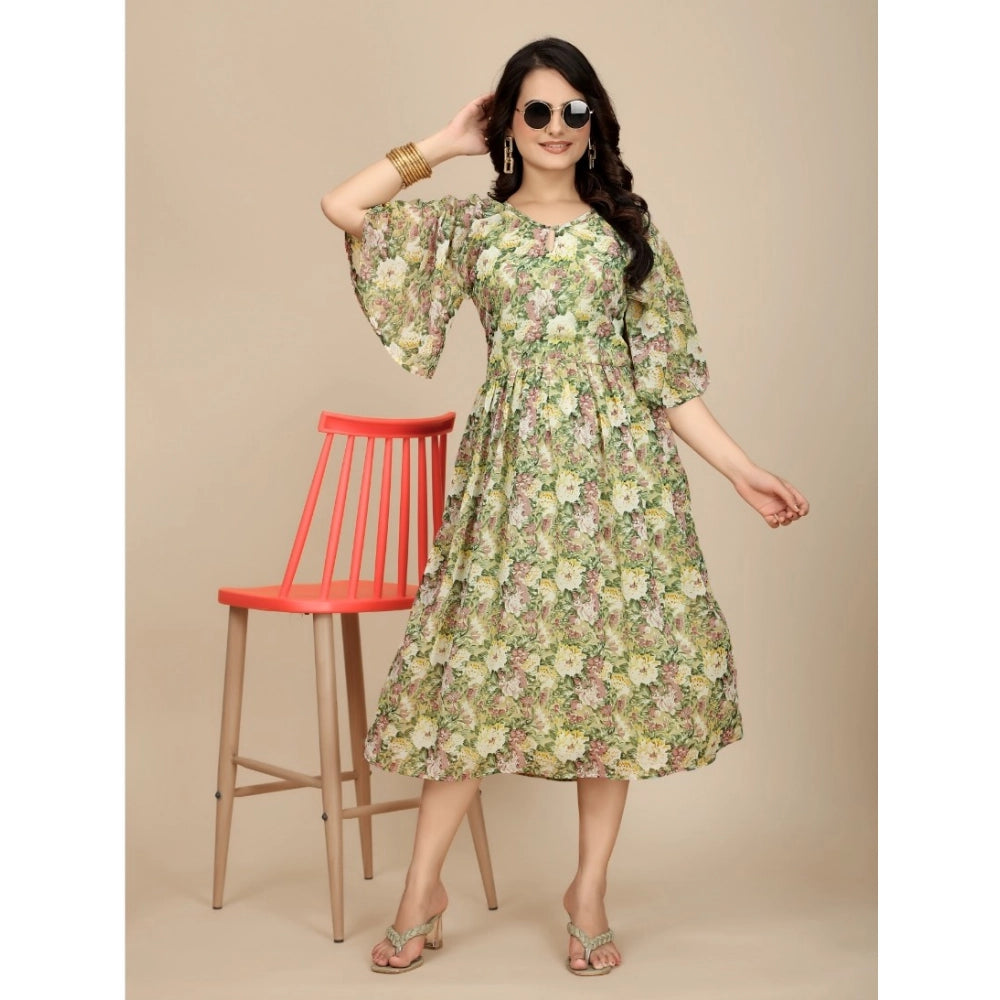 Snuggle Spot Women's Georgette Printed Round Neck Short Sleeve Dress (Green)
