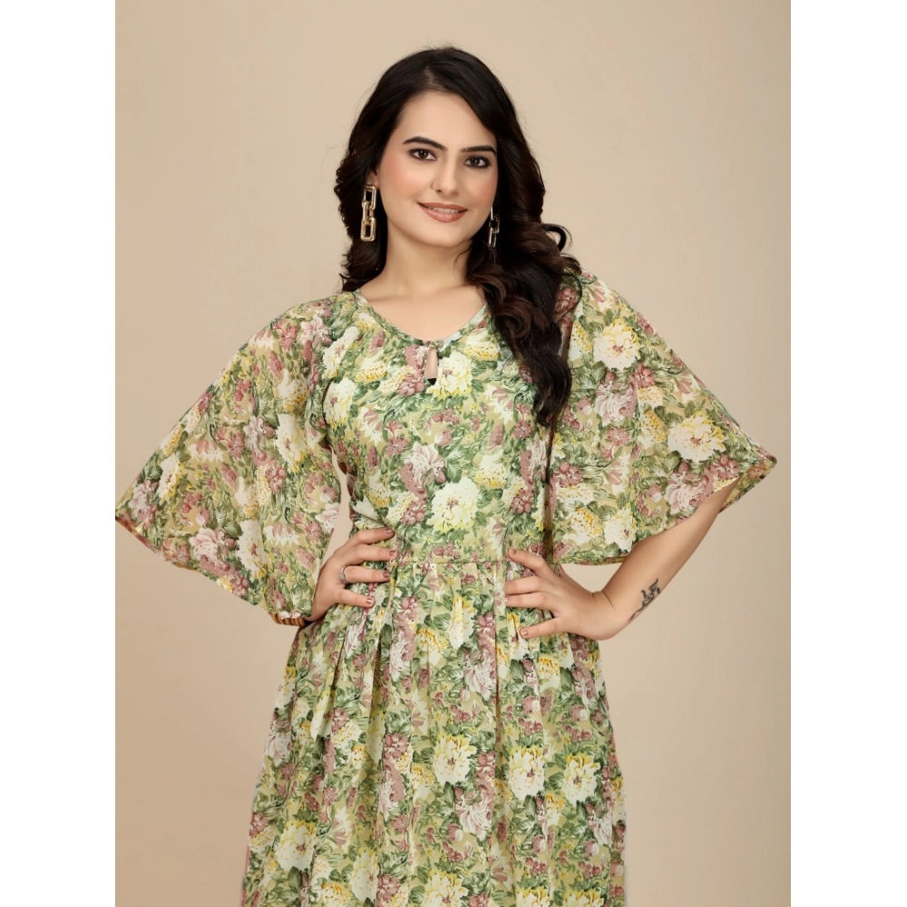 Snuggle Spot Women's Georgette Printed Round Neck Short Sleeve Dress (Green)