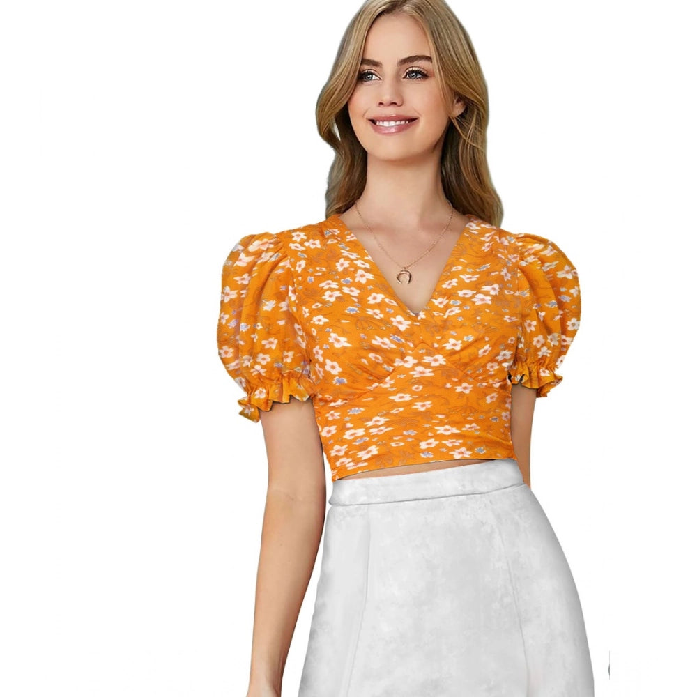 Snuggle Spot Women's Knitting Printed V-Neck Puff Sleeve Tops (Yellow)
