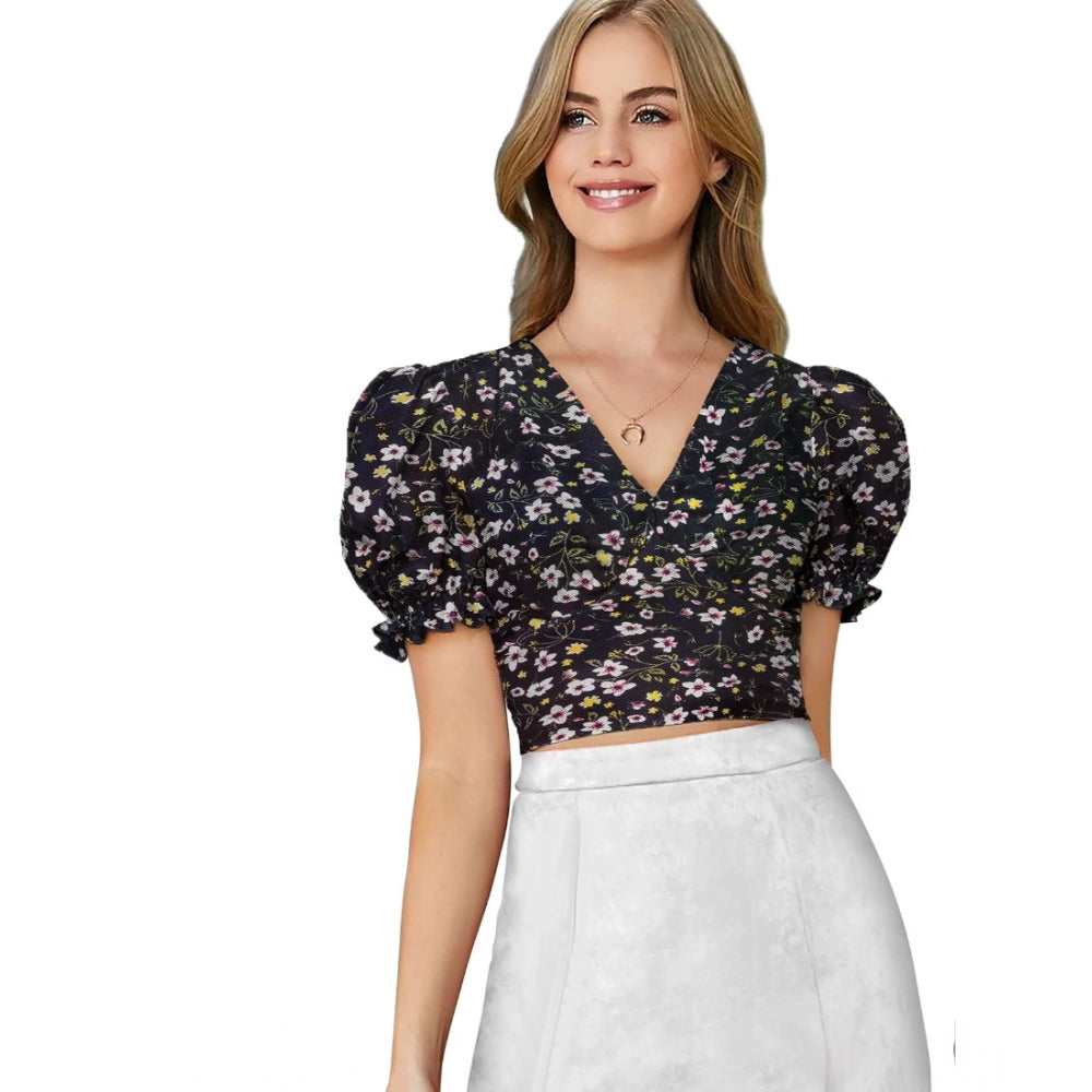 Snuggle Spot Women's Knitting Printed V-Neck Puff Sleeve Tops (Black)