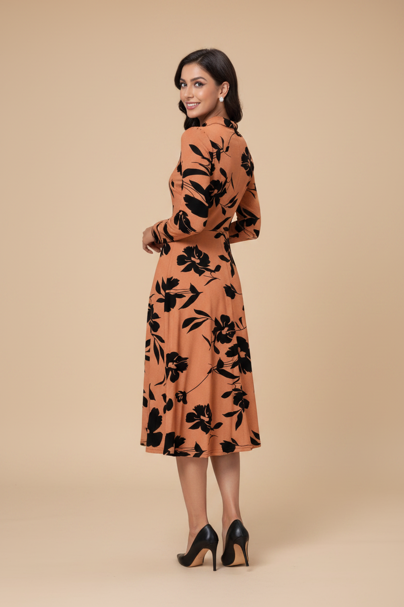 Snuggle Spot Women's Knitting Printed V-Neck Full Sleeve Dress (Orange)