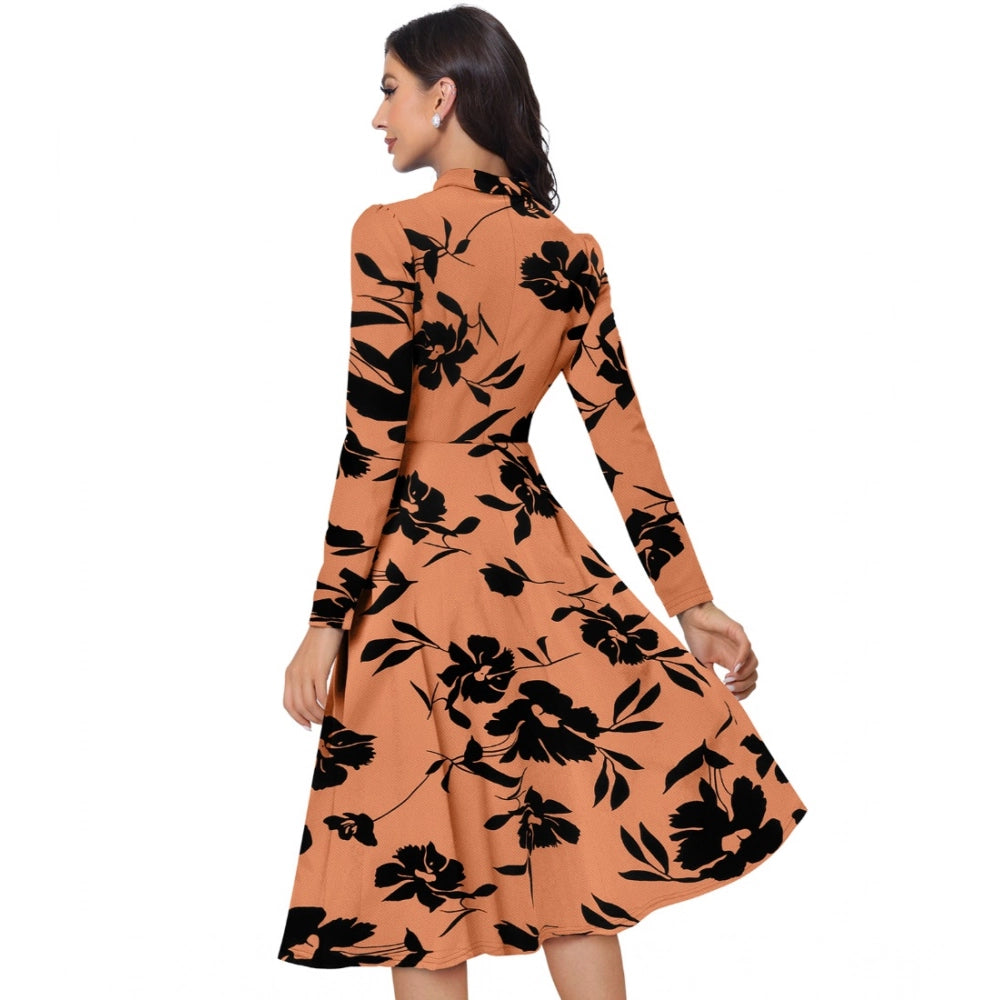 Snuggle Spot Women's Knitting Printed V-Neck Full Sleeve Dress (Orange)
