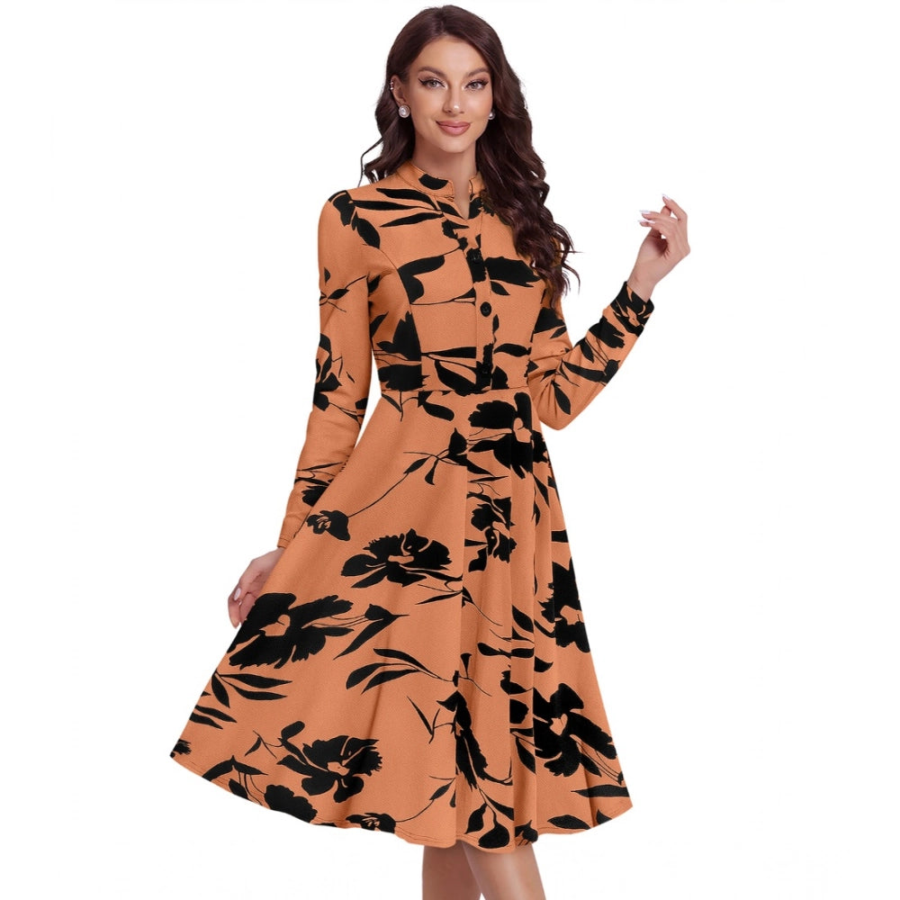 Snuggle Spot Women's Knitting Printed V-Neck Full Sleeve Dress (Orange)