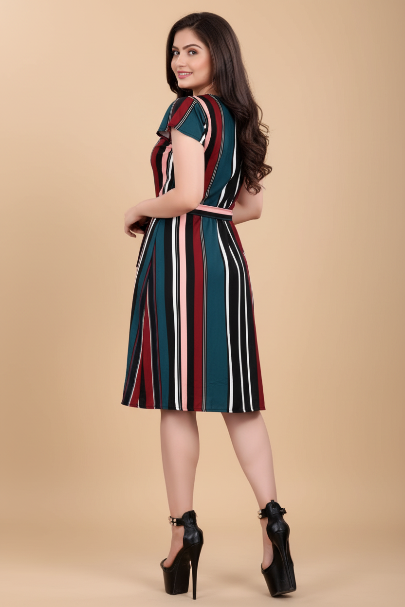Snuggle Spot Women's Crep Striped Short Sleeve Dress (Red-Blue )