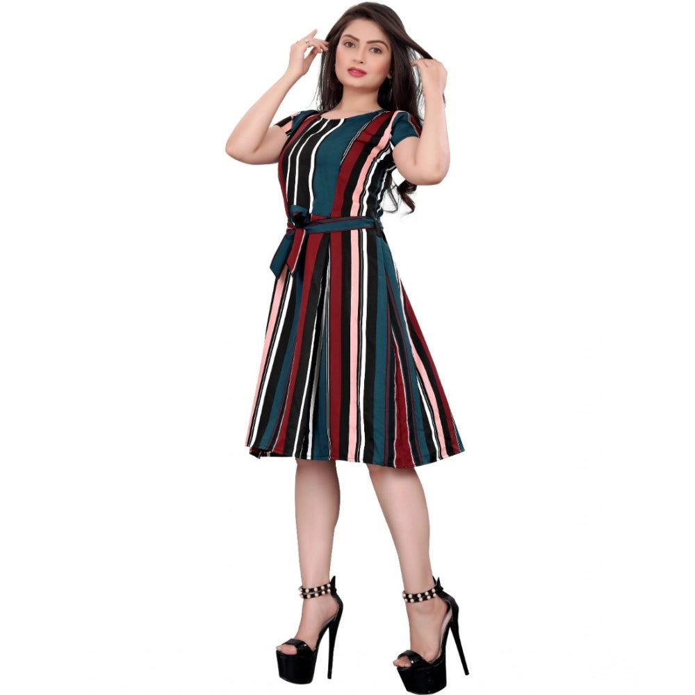 Snuggle Spot Women's Crep Striped Short Sleeve Dress (Red-Blue )