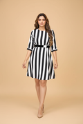 Snuggle Spot Women's Crep Striped Short Sleeve Dress (Black-White )