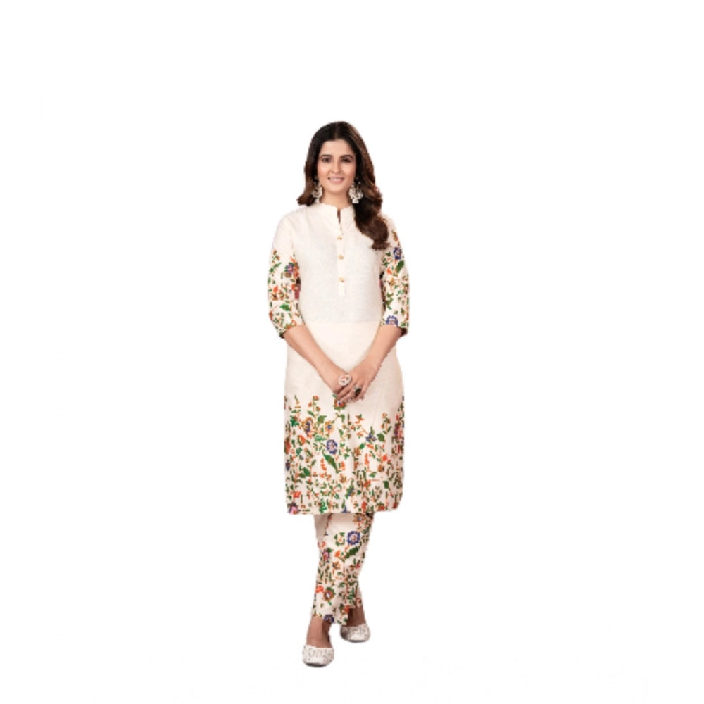 Snuggle Spot Women's Cotton Printed 3/4th Sleeve Kurti With Pant (Cream )
