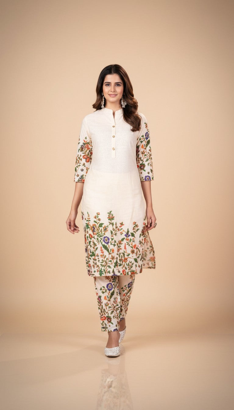 Snuggle Spot Women's Cotton Printed 3/4th Sleeve Kurti With Pant (Cream )