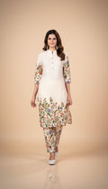 Snuggle Spot Women's Cotton Printed 3/4th Sleeve Kurti With Pant (Cream )