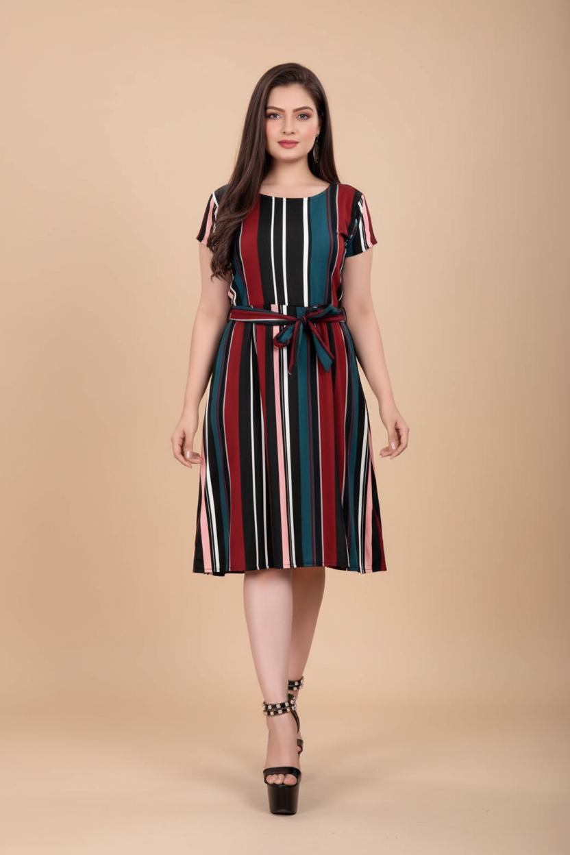 Snuggle Spot Women's Crep Striped Short Sleeve Dress (Red-Blue )