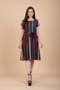 Snuggle Spot Women's Crep Striped Short Sleeve Dress (Red-Blue )