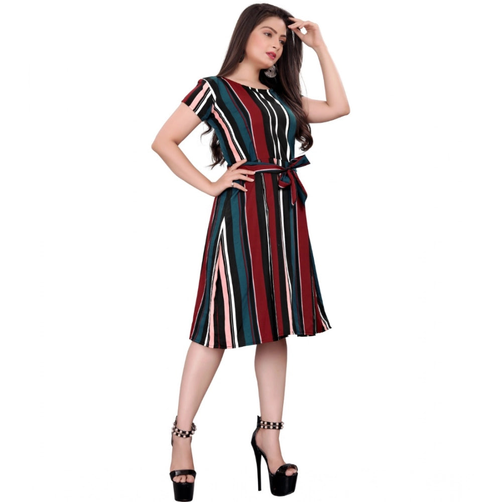 Snuggle Spot Women's Crep Striped Short Sleeve Dress (Red-Blue )