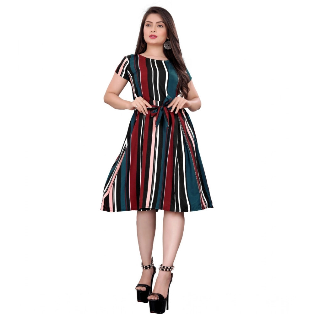 Snuggle Spot Women's Crep Striped Short Sleeve Dress (Red-Blue )