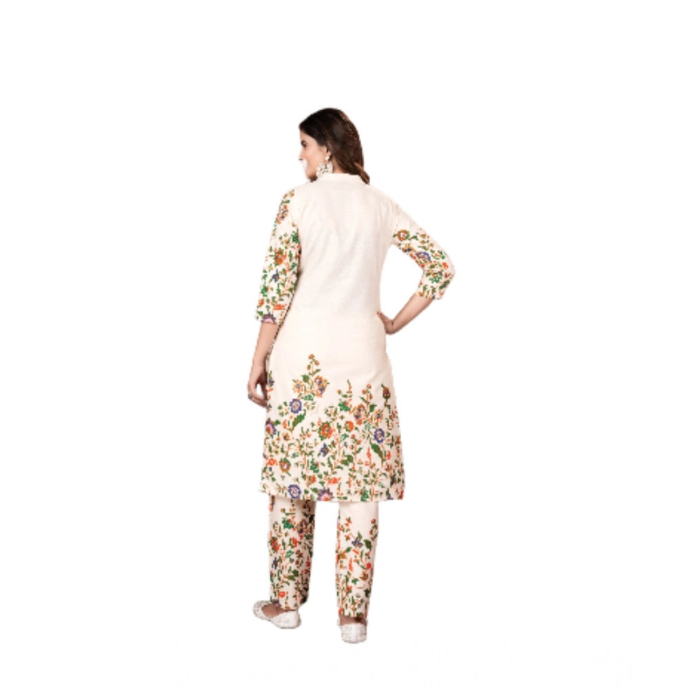 Snuggle Spot Women's Cotton Printed 3/4th Sleeve Kurti With Pant (Cream )