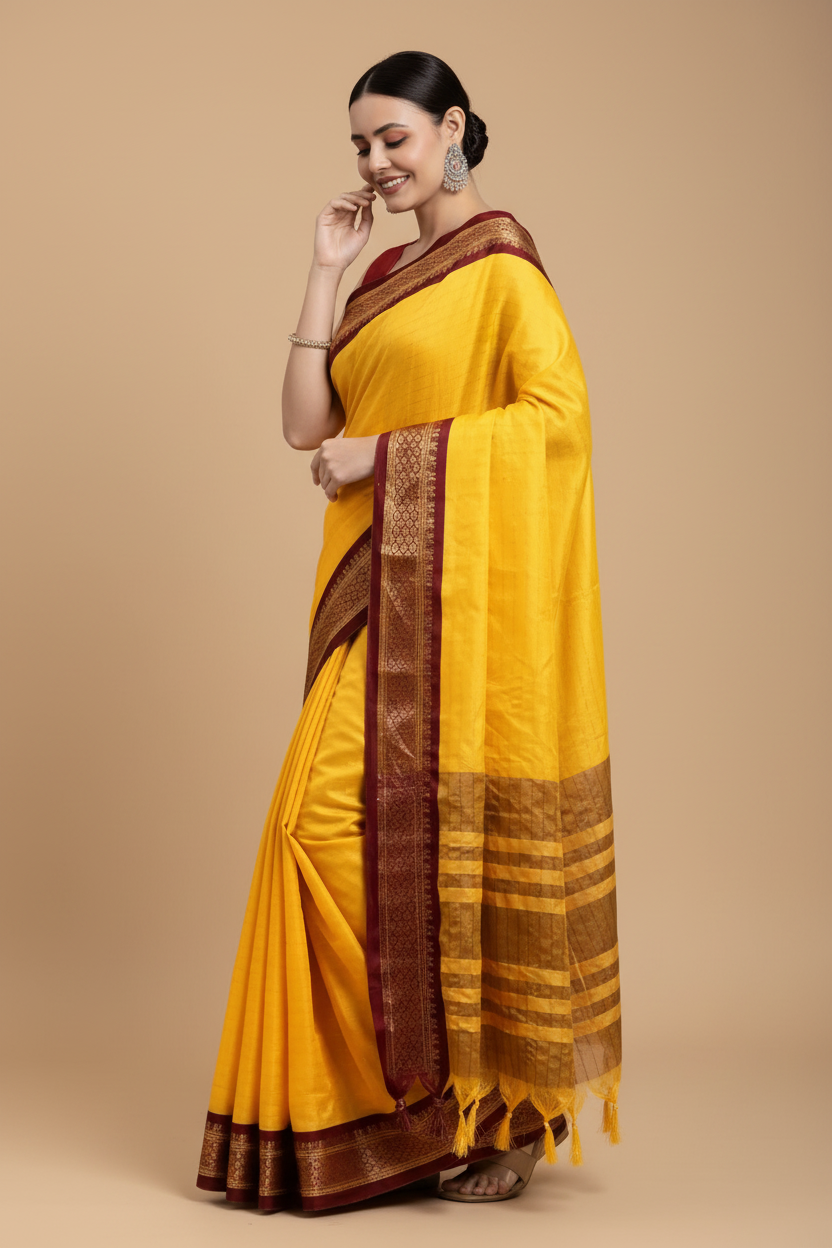 Snuggle Spot Women's Cotton Silk Checkered Saree With Unstitched Blouse 5.5Mtr (Yellow)