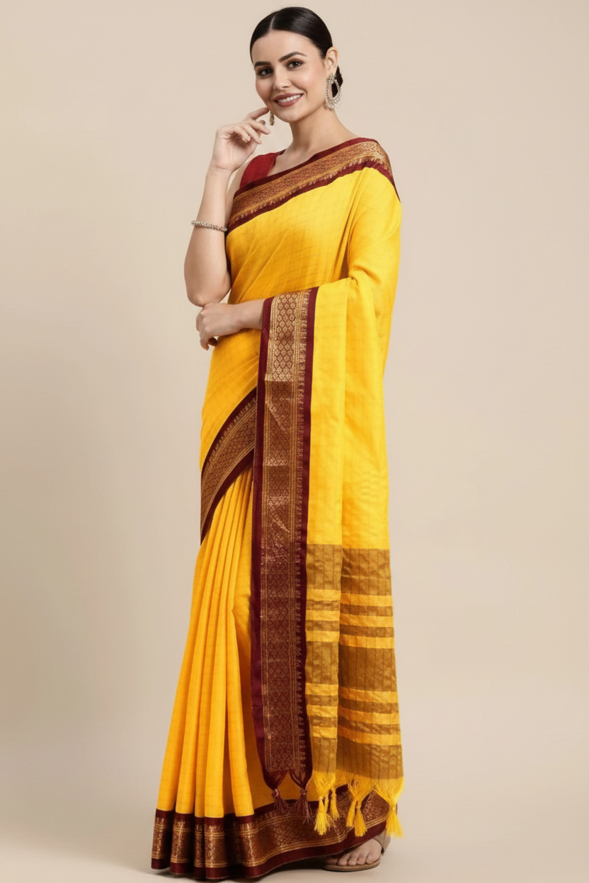 Snuggle Spot Women's Cotton Silk Checkered Saree With Unstitched Blouse 5.5Mtr (Yellow)