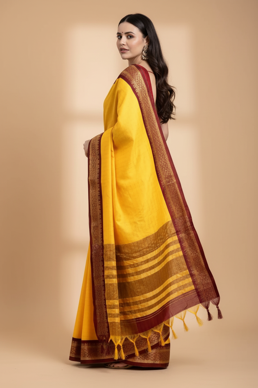 Snuggle Spot Women's Cotton Silk Checkered Saree With Unstitched Blouse 5.5Mtr (Yellow)