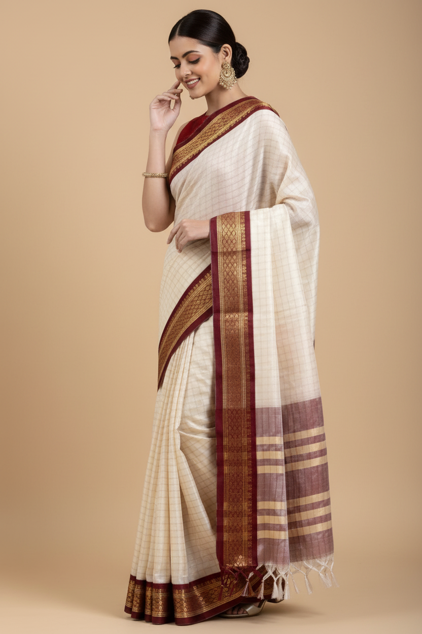 Snuggle Spot Women's Cotton Silk Checkered Saree With Unstitched Blouse 5.5Mtr (Maroon)