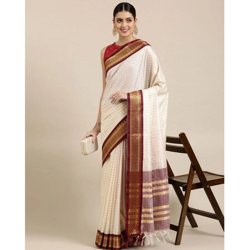 Snuggle Spot Women's Cotton Silk Checkered Saree With Unstitched Blouse 5.5Mtr (Maroon)