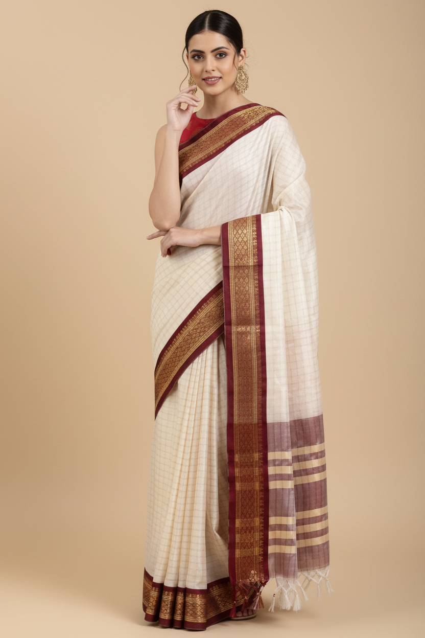 Snuggle Spot Women's Cotton Silk Checkered Saree With Unstitched Blouse 5.5Mtr (Maroon)