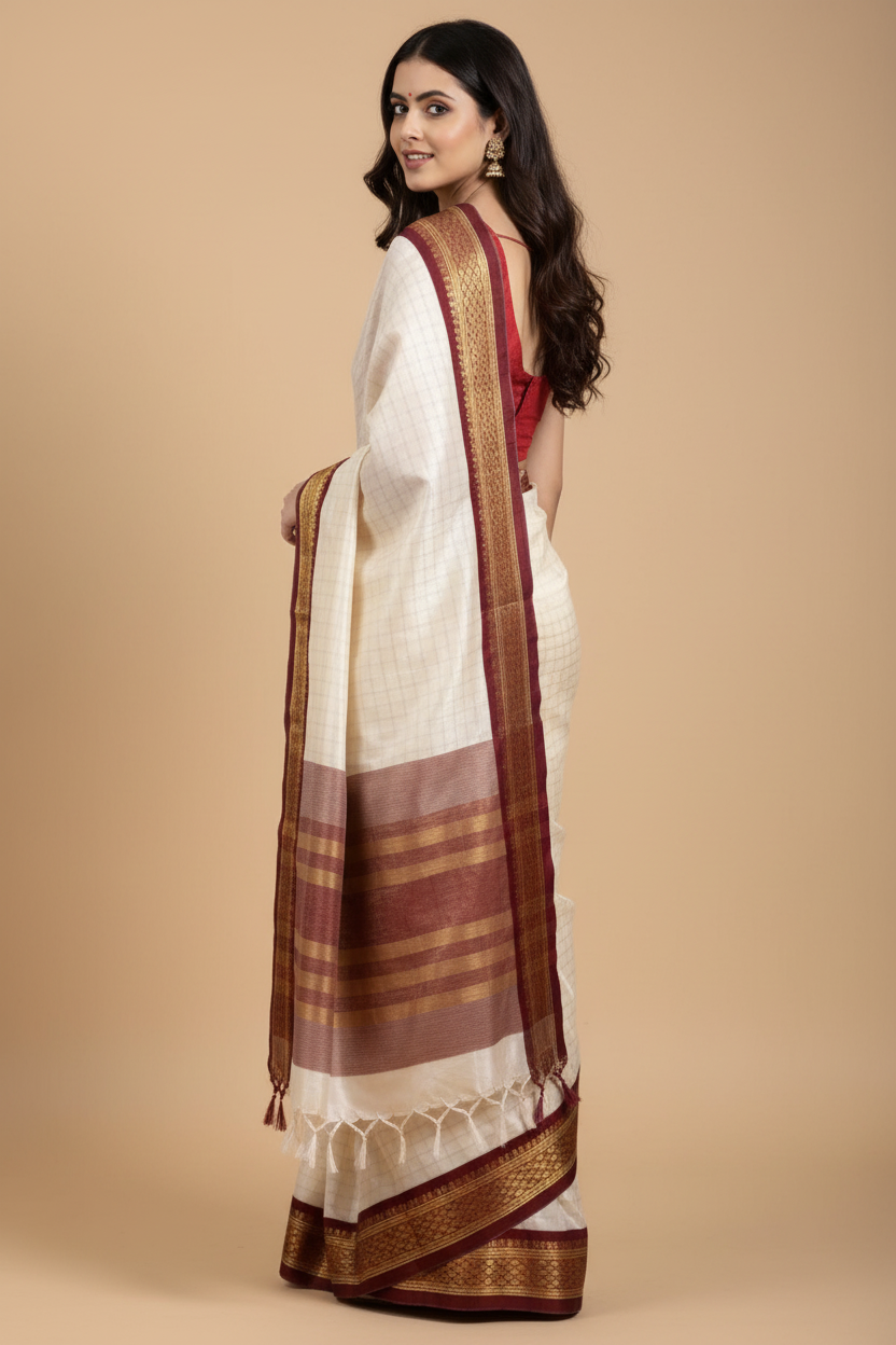 Snuggle Spot Women's Cotton Silk Checkered Saree With Unstitched Blouse 5.5Mtr (Maroon)