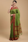Snuggle Spot Women's Cotton Silk Checkered Saree With Unstitched Blouse 5.5Mtr (Mehendi)