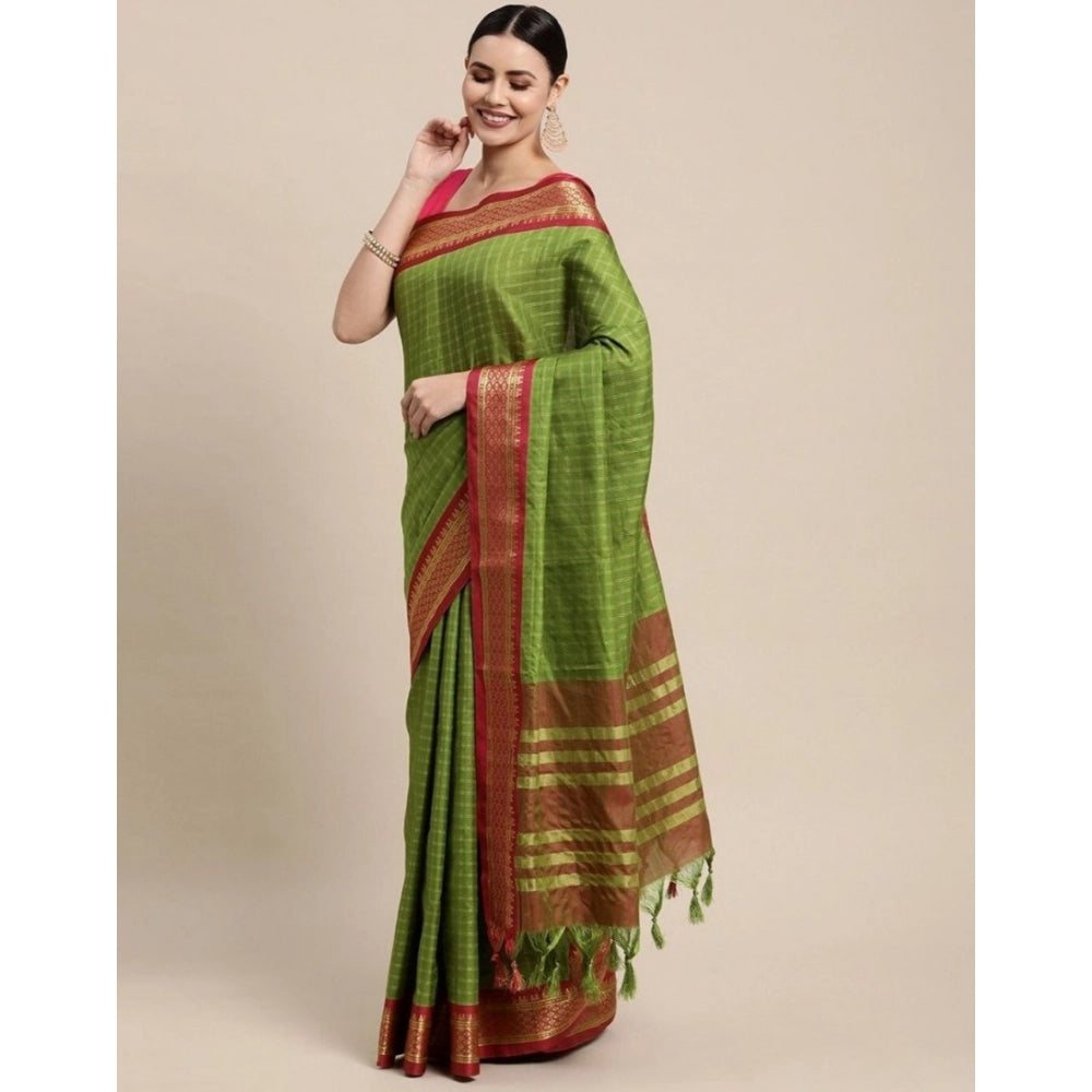 Snuggle Spot Women's Cotton Silk Checkered Saree With Unstitched Blouse 5.5Mtr (Mehendi)