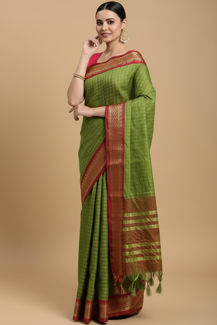 Snuggle Spot Women's Cotton Silk Checkered Saree With Unstitched Blouse 5.5Mtr (Mehendi)